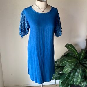 Short sleeve blue shift dress with flutter sleeve